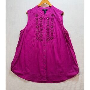 Style & Co Embroidered Sleeveless Top Women 3X Purple Magenta Cotton Gauze Boho